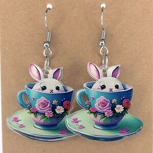 Tea Cup With Easter Bunny Inside Earrings 2D Acrylic Cartoon